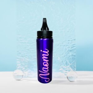 Purple Metal Personalised Aluminium Water bottle with Straw for Sport, GIfts, School or Presents